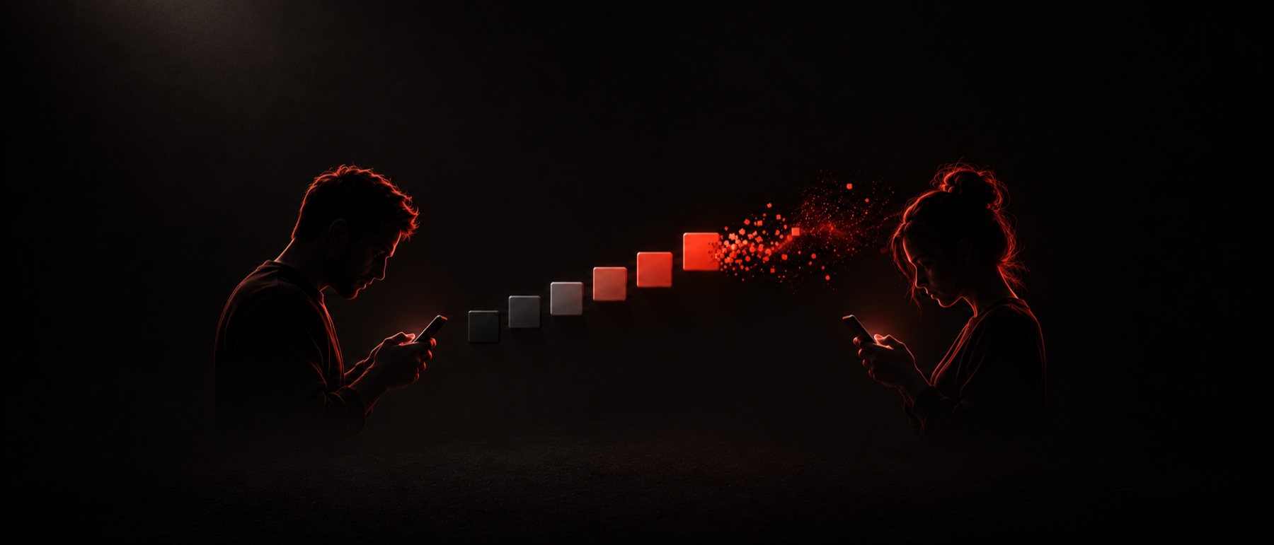 Two players lit in red, each bent over a phone, with a trail of squares rising between them.